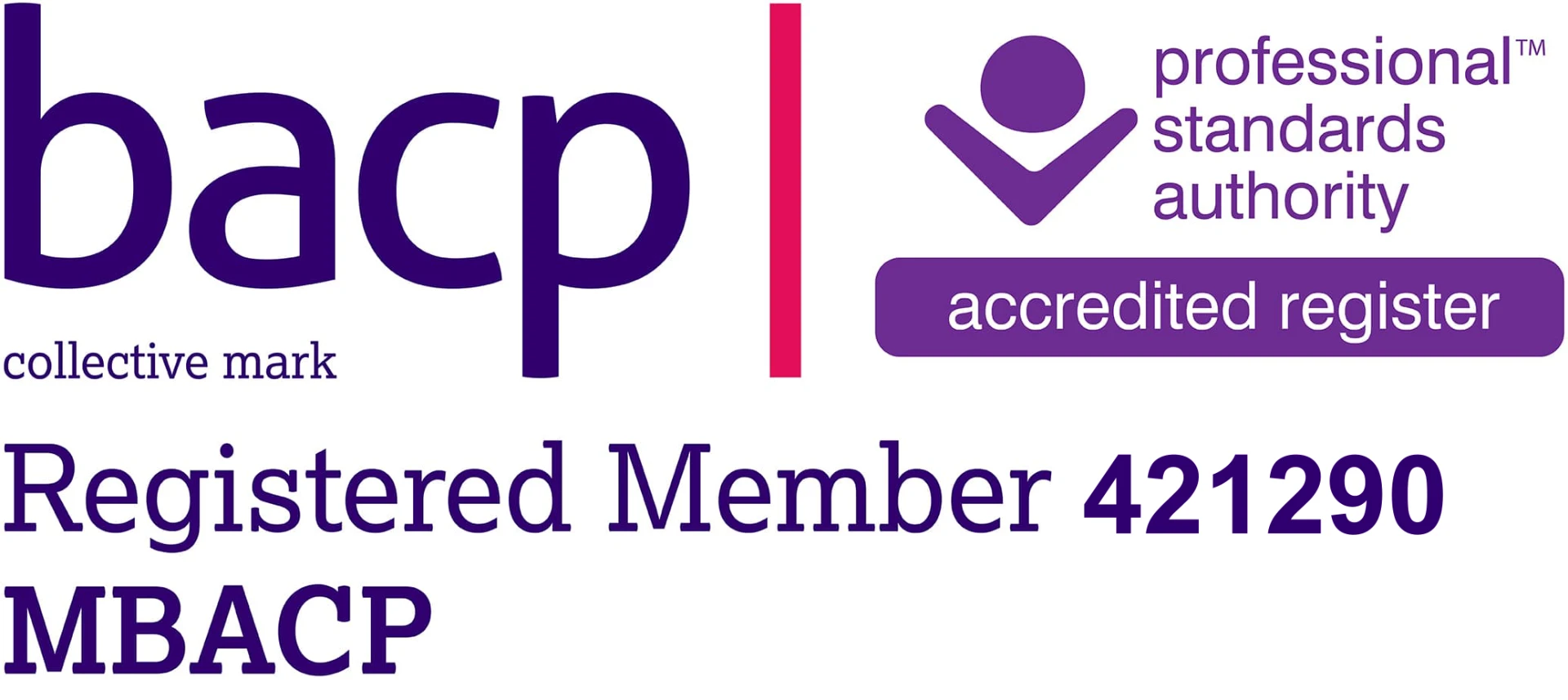 BACP Registered Member MBACP — British Association for Counselling and Psychotherapy, Professional Standards Authority accredited register, member number 421290